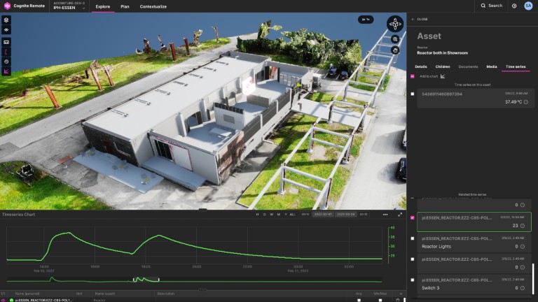 Representation of the digital twin of the Accenture Industry X Innovation Center, Essen, and sensor data from ANYmal with Cognite Data Fusion.