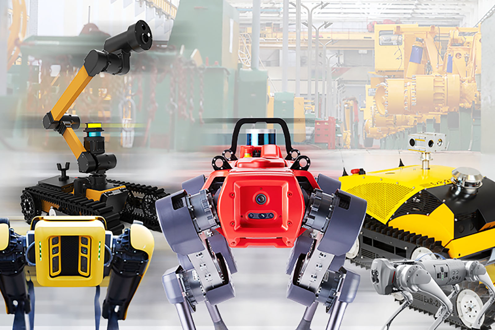 Ground inspection robots Taurob, ANYmal, Unitree, ExRobotics and Spot gather in a warehouse