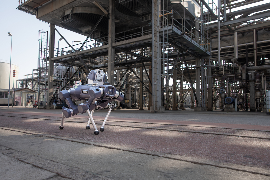 The Ex-proof legged robot ANYmal X, performing inspection mission at potentially hazardous Oil & Gas and Chemical facilities.