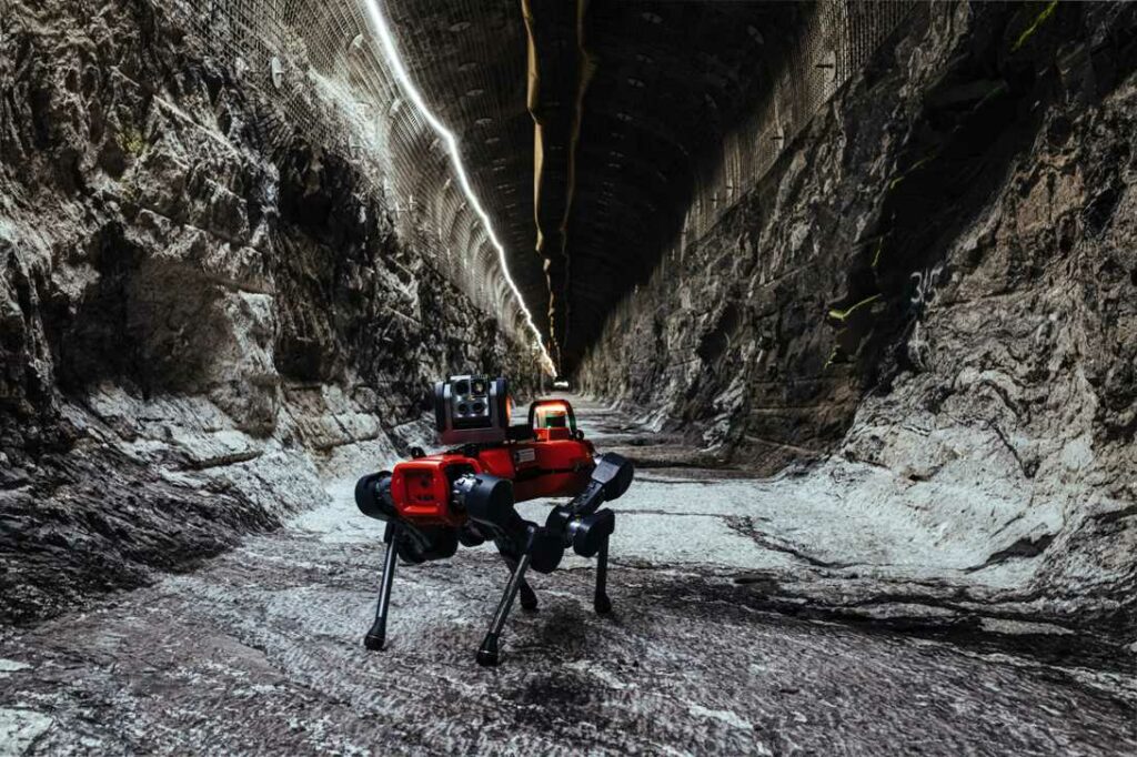 ANYmal performing inspection missions in the complex Onkalo tunnel system.